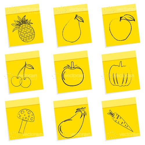 Sketched Fruit and Veg on Sticky Notes 9 Pack